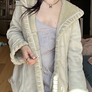 JONES NEW YORK Y2K VINTAGE Cream Beige Faux Fur & Suede Hooded Coat